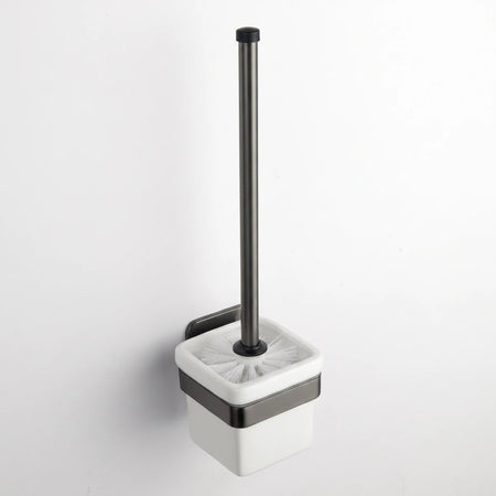 Eclipse Gunmetal Toilet Brush Holder, wall-mounted, featuring a white ceramic holder and sleek gunmetal finish.