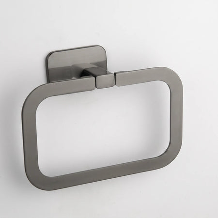 Gunmetal grey towel ring with rounded rectangular shape, mounted on a white wall. Modern bathroom hardware.