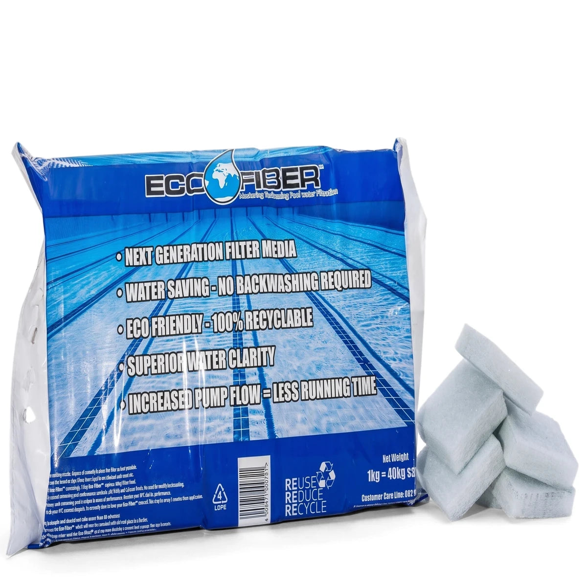 Blue ECO FIBER bag for pool filter media with white filter blocks shown by a swimming pool.