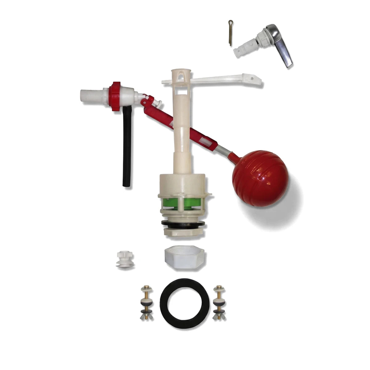 Econo Close Coupled Siso Mechanism Kit (Topaz), disassembled, showing white and red plastic parts, metal handle, seals, and