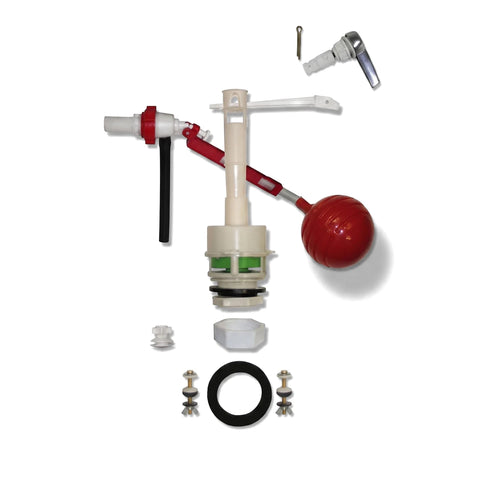 Econo Close Coupled Siso Mechanism Kit (Topaz), disassembled, showing white and red plastic parts, metal handle, seals, and
