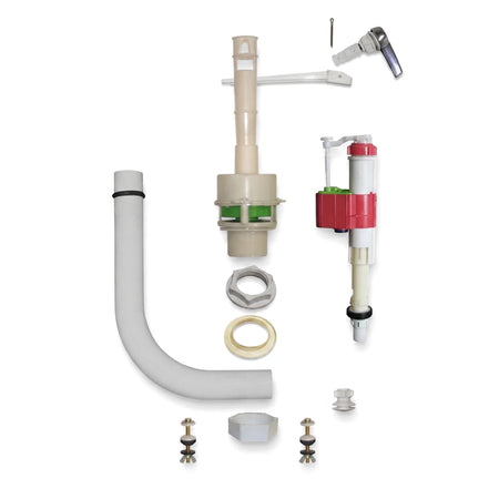 Econo Low Level Bibo Cistern Kit with Plastic Handle (Jello C), shown disassembled with all its plastic and metal components.