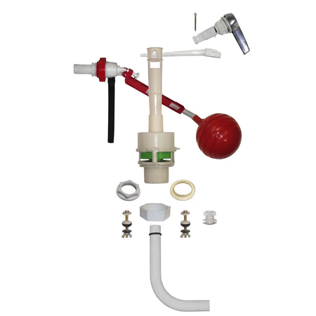 Econo Low Level Siso Cistern Kit with plastic handle, featuring white and red fill valve, red float ball, and various