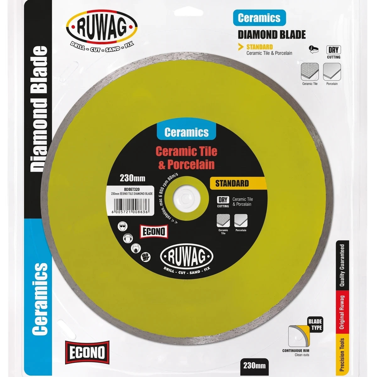 Econo Tile Diamond Blade 230mm for ceramic tile and porcelain, shown in its yellow and black retail packaging.