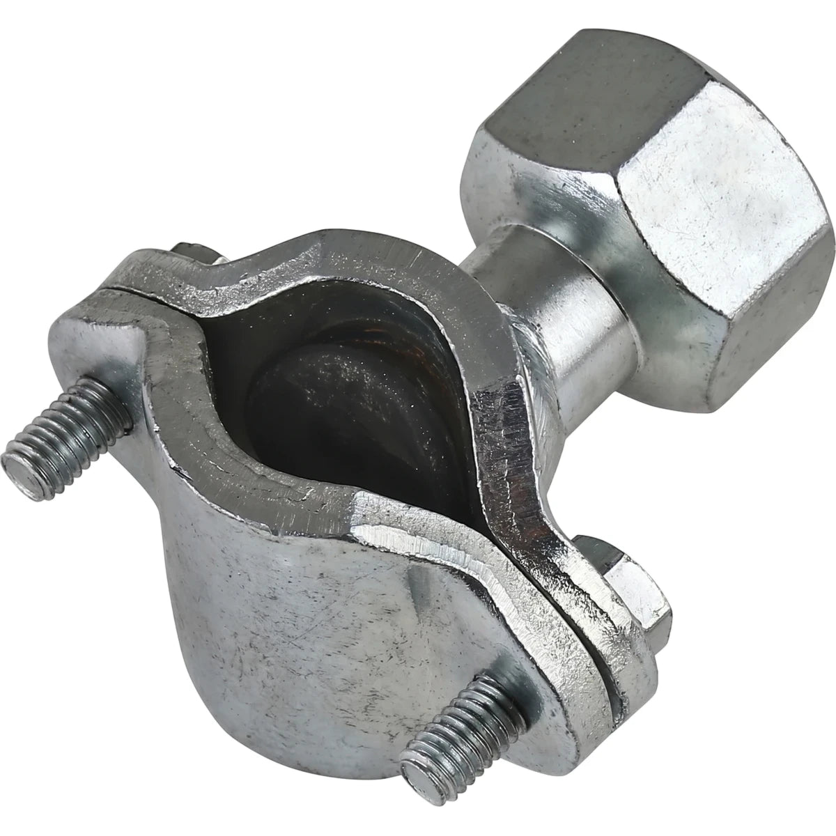 Silver galvanized metal Ee-Zee Tee fitting for 15mm pipes, captured in a close-up, showcasing its two-part clamp design with