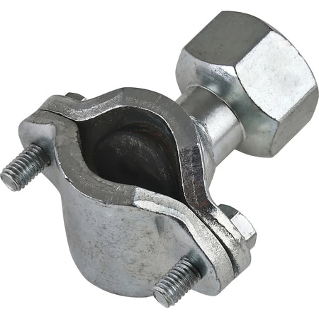 Silver galvanized metal Ee-Zee Tee fitting for 15mm pipes, captured in a close-up, showcasing its two-part clamp design with