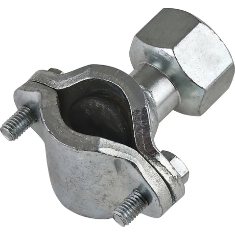Silver galvanized metal Ee-Zee Tee fitting for 15mm pipes, captured in a close-up, showcasing its two-part clamp design with