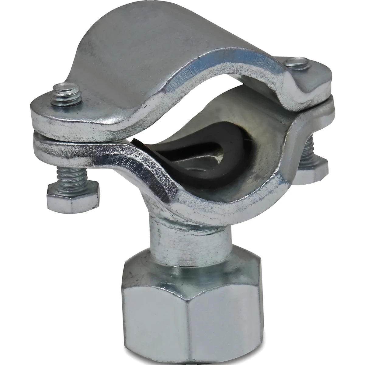 Close-up of a 20mm Ee-Zee Tee Fitting, a galvanized metal pipe clamp with a black rubber insert, seen from a slightly angled