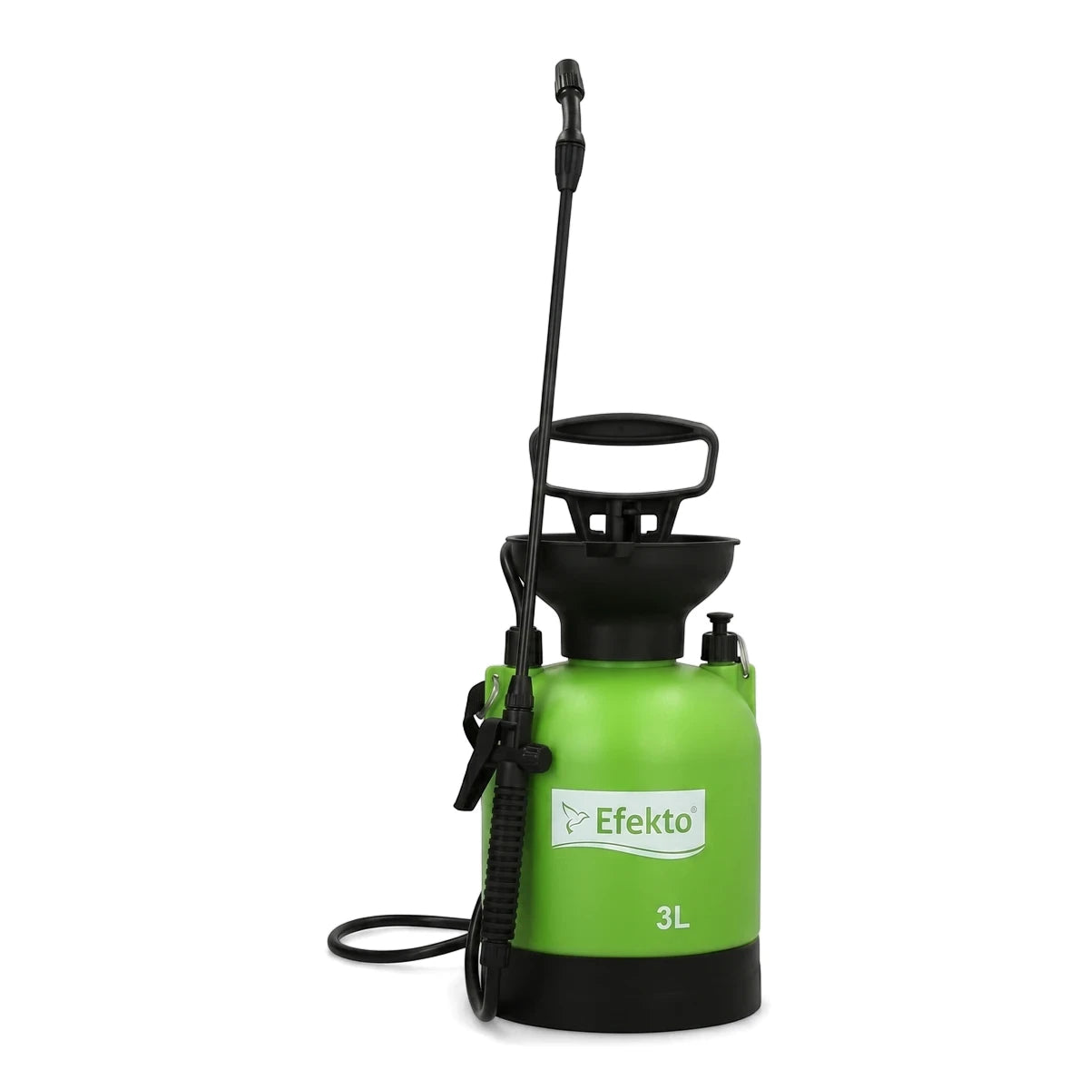 Green and black Efekto 3L pressure sprayer with a long wand, hose, and ergonomic handle, designed for garden use.
