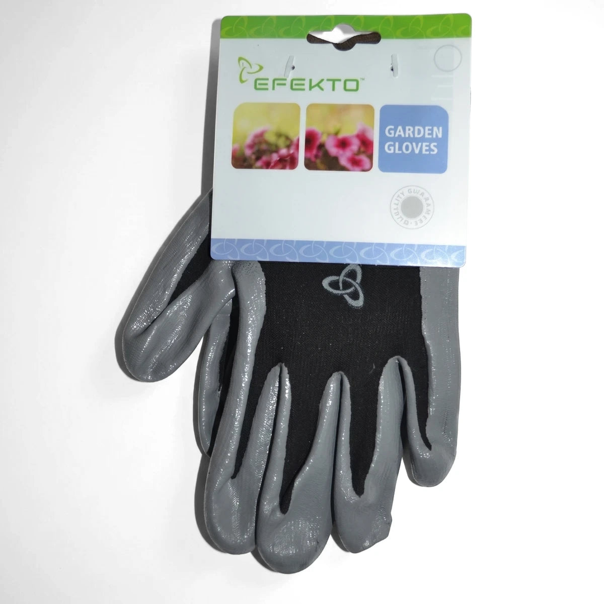 Efekto Black Nitrile Garden Gloves with gray coating and white hangtag, presented from an overhead view.