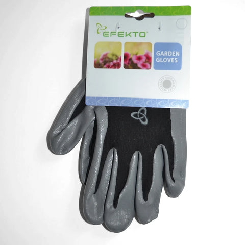 Efekto Black Nitrile Garden Gloves with gray coating and white hangtag, presented from an overhead view.