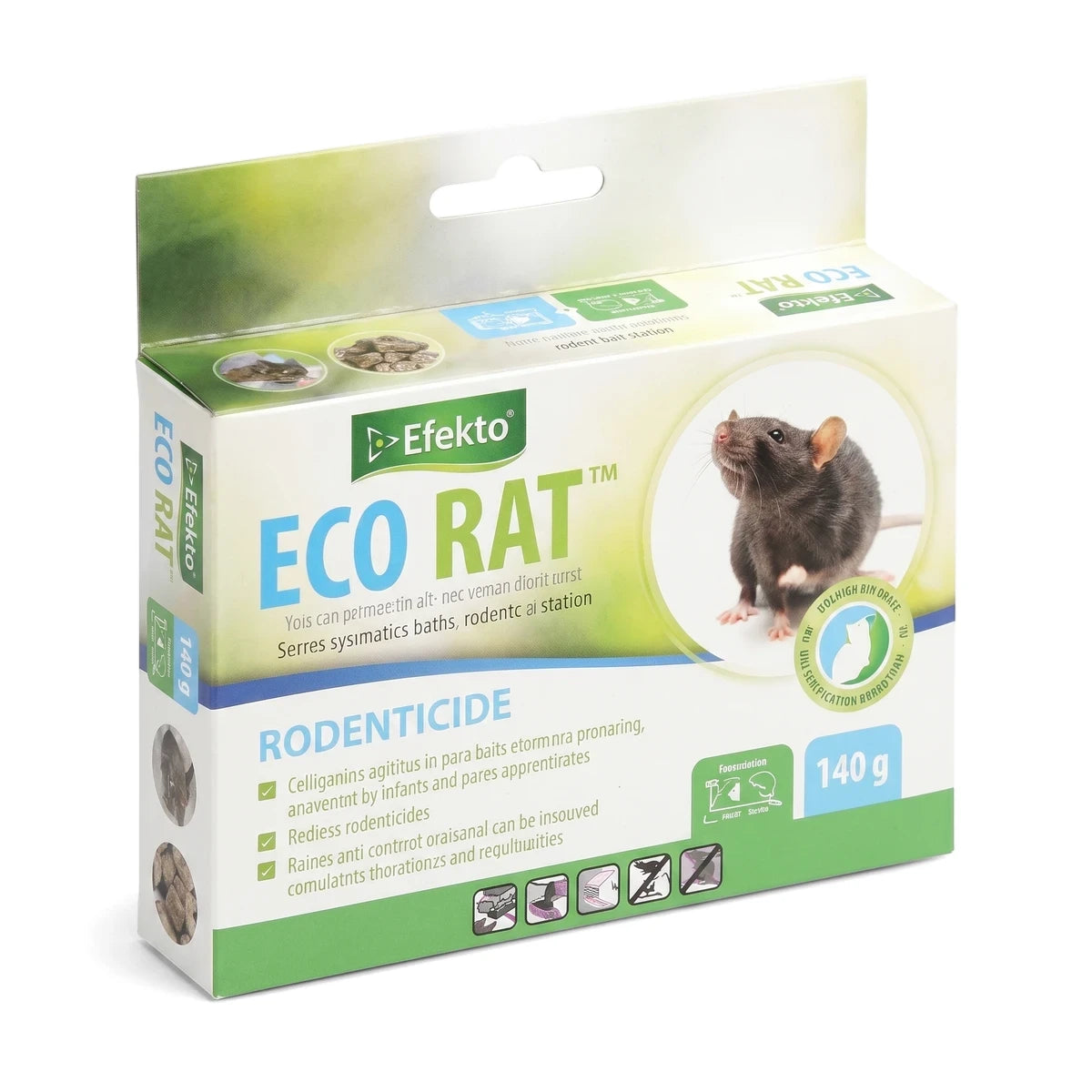 Efekto Eco Rat 140 G Rodent Bait Station box with green and white design, featuring a rat illustration and product details.