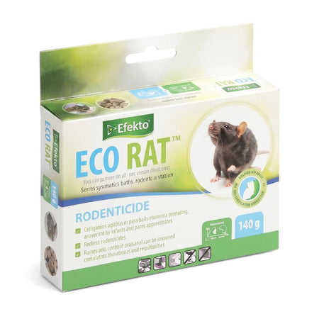 Efekto Eco Rat 140 G Rodent Bait Station box with green and white design, featuring a rat illustration and product details.