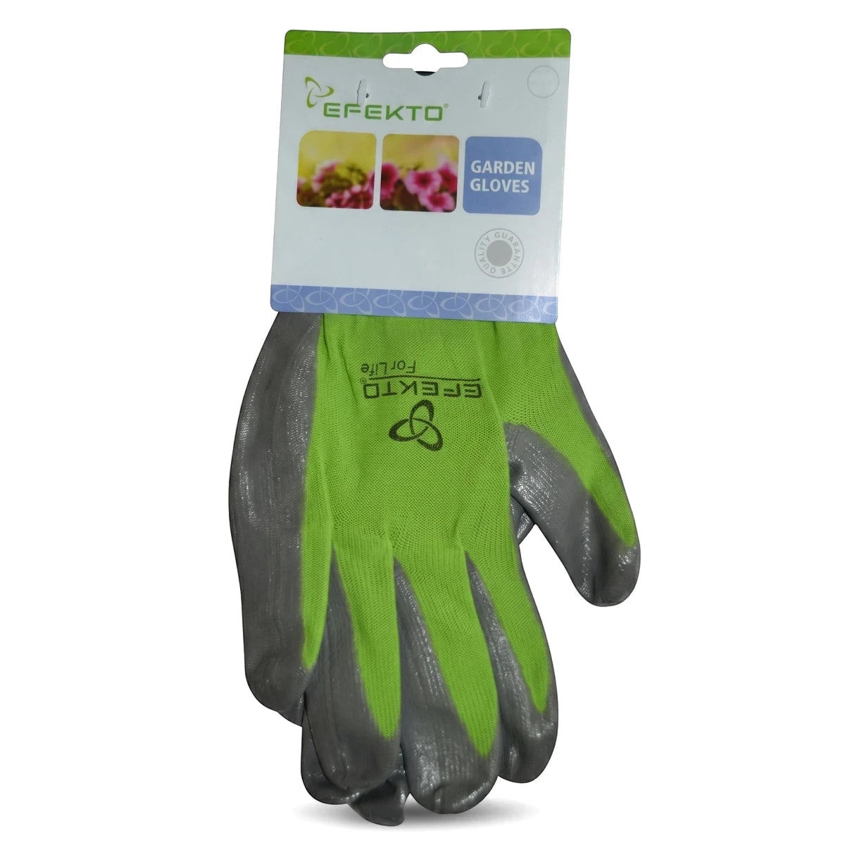 Efekto Green Nitrile Gloves pair with green fabric backs and grey nitrile coated palms, front view