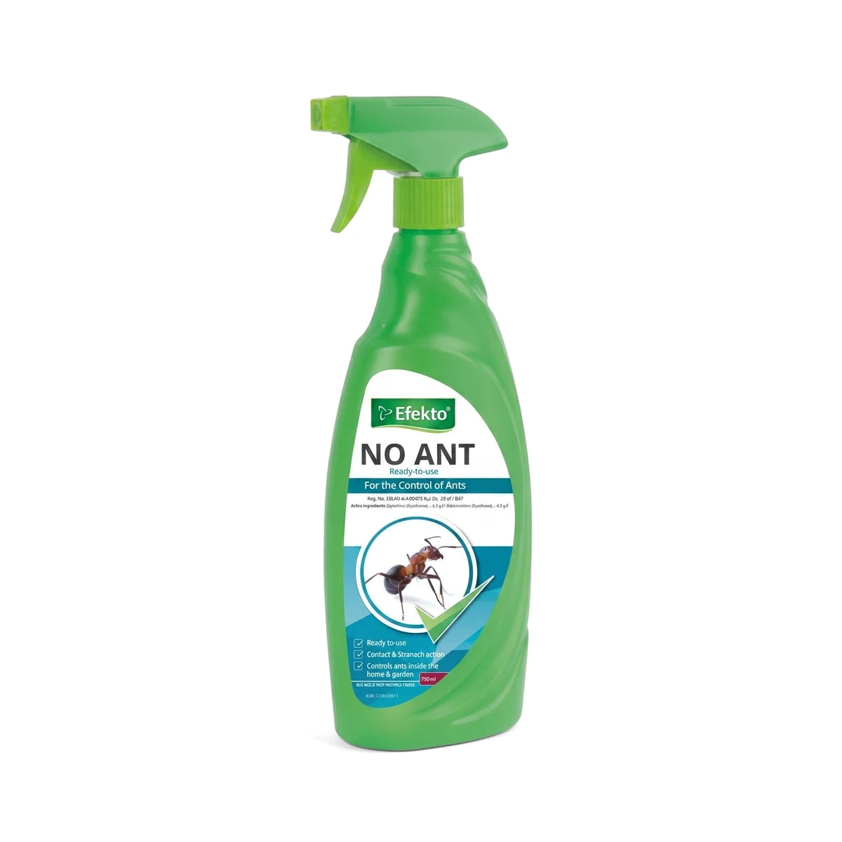 Efekto No Ant Rtu 750 ml insecticide in a green spray bottle, featuring an ant graphic and product details.