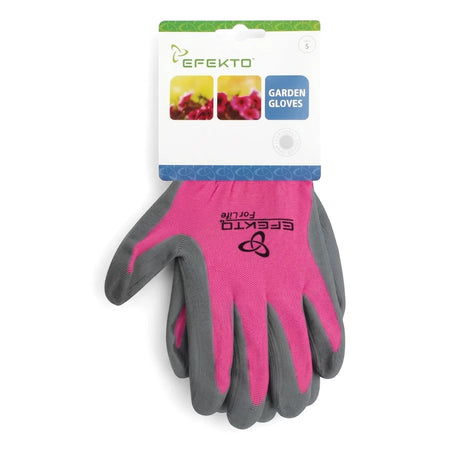 Efekto pink and grey nitrile garden gloves displayed with their retail packaging, showing brand logo and product name