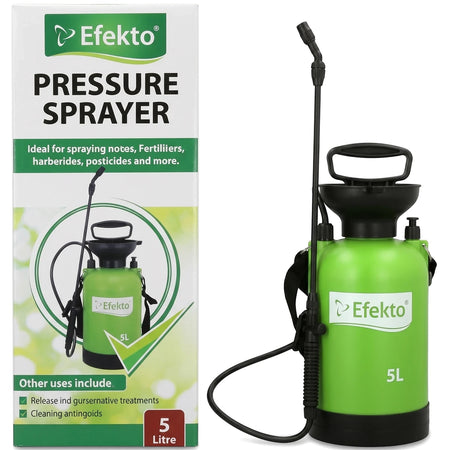 Efekto Pressure Sprayer 5L with product box. Green and white plastic sprayer for garden use.
