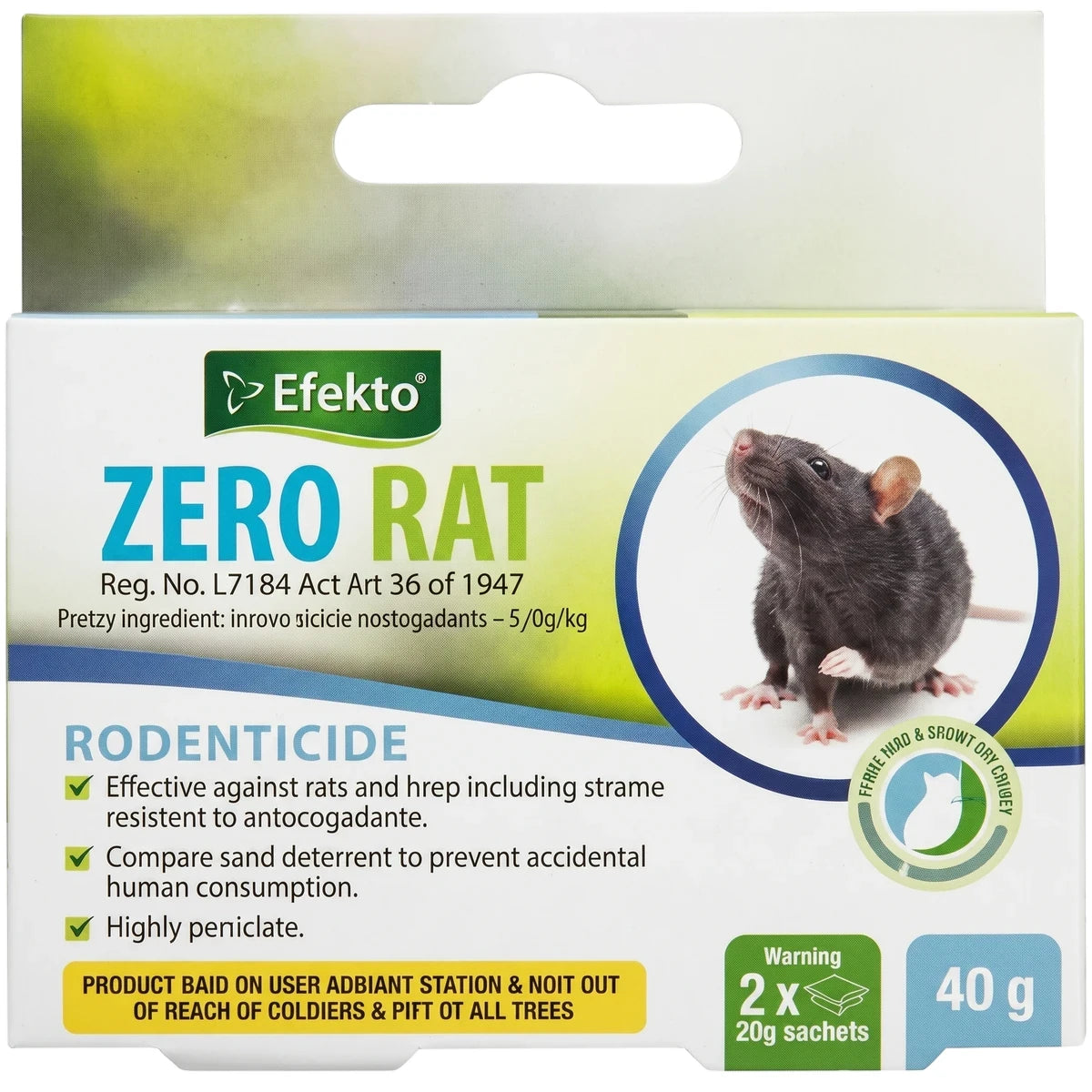 Efekto Zero Rat Rodent Bait Station in white and green packaging, designed to control rats and mice.