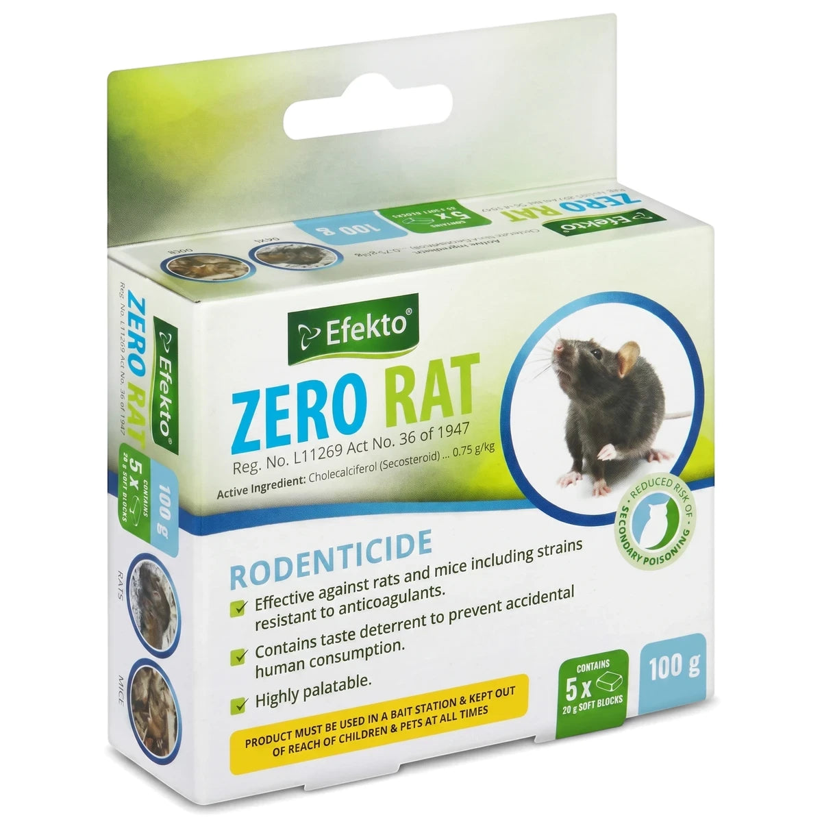 Efekto Zero Rat Rodenticide bait box with a black rat image and product details. Effective against rats and mice, 100g.