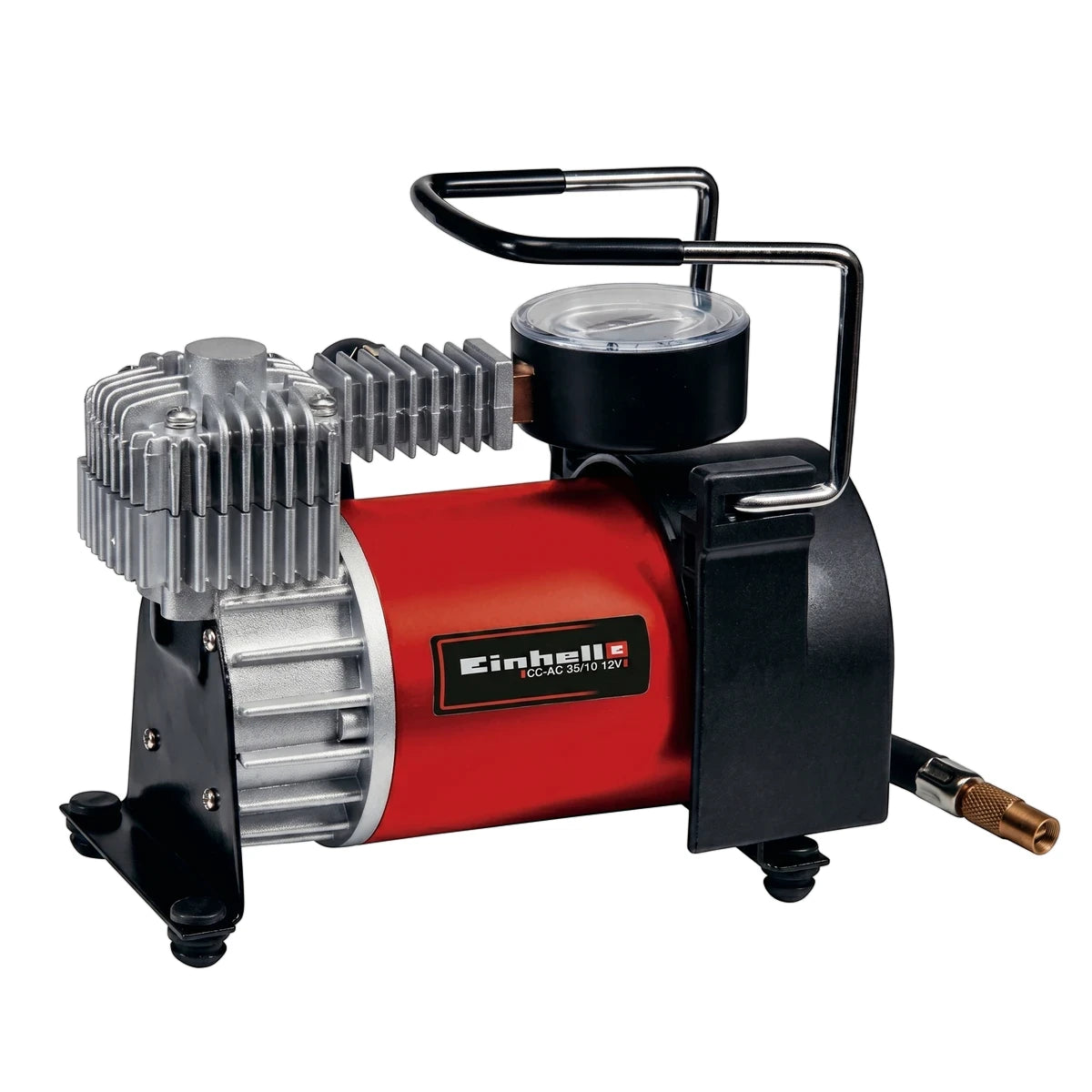 Red and silver Einhell Cc-Ac 35/10 12V car air compressor with black handle and hose, perfect for inflating tires and other