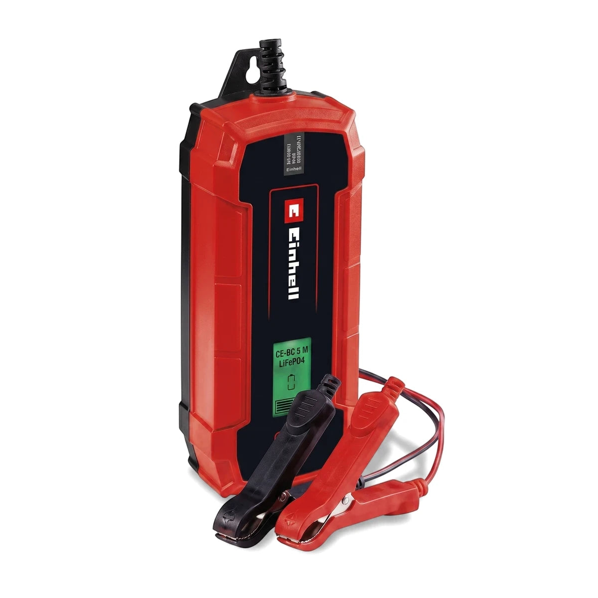 Red and black Einhell Ce-Bc 5 M Lifepo4 battery charger with attached cables and alligator clips, studio shot.