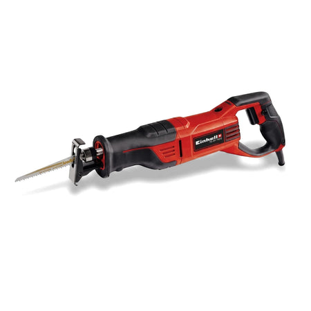 Red and black Einhell electric reciprocating saw with a saw blade, 750W, viewed from a slightly elevated side angle.