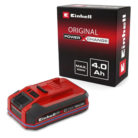 Red and black Einhell PXC Plus A1 18V 4.0Ah Sealed Battery shown with its black and red product packaging box, against a