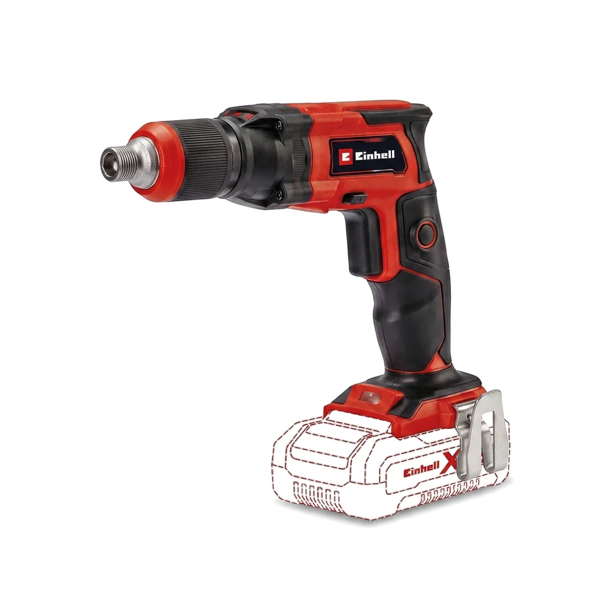 Einhell Pxc Te-Dy 18 Li-Solo cordless drywall screwdriver in red and black, shown from a three-quarter view.