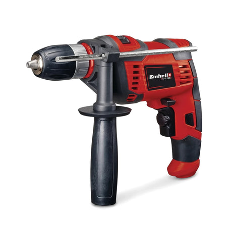 Red and black Einhell Rtc-Id 550 E impact drill with an auxiliary handle, shown from the front-left angle.