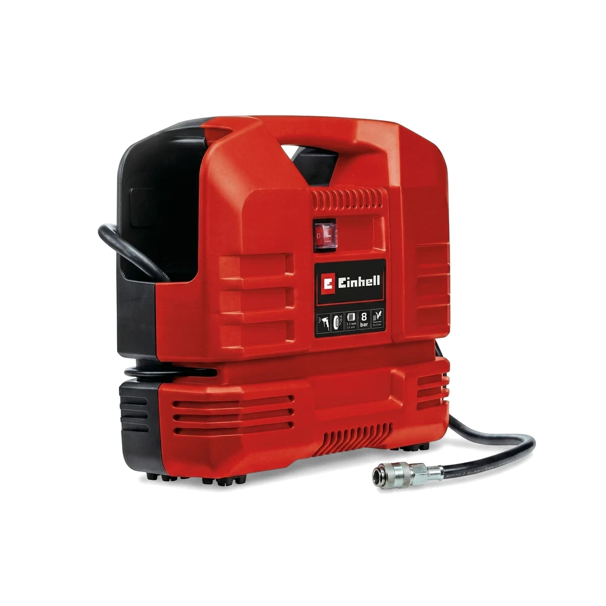 Red and black Einhell Tc-Ac 190 Of Set Portable Air Compressor with hose and various icons on its display.