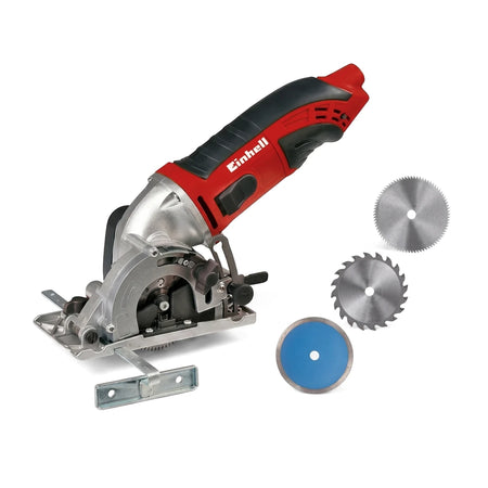 Einhell Tc-Cs 89 Mini Handheld Circular Saw in red and silver with three interchangeable saw blades, shown from an angled