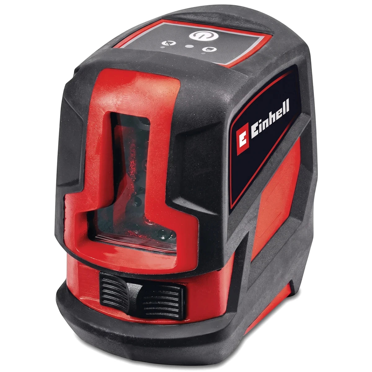 A compact red and black Einhell Tc-Ll 2 Cross Line Laser Level, an electronic measuring tool, presented at an angle, showing