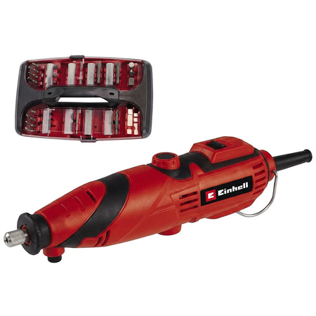 Red and black Einhell Tc-Mg 135 E grinding and engraving rotary tool with an organized accessory bit set.