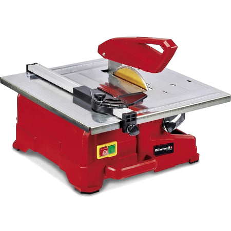 Red electric Einhell Tc-Tc 800 Tile Cutting Machine with a silver cutting table and yellow blade, suitable for masonry.