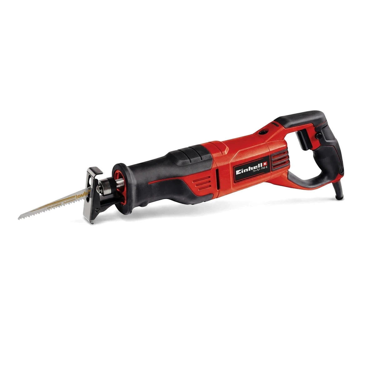 Red and black Einhell Te-Ap 750 E reciprocating all-purpose saw with a visible blade.