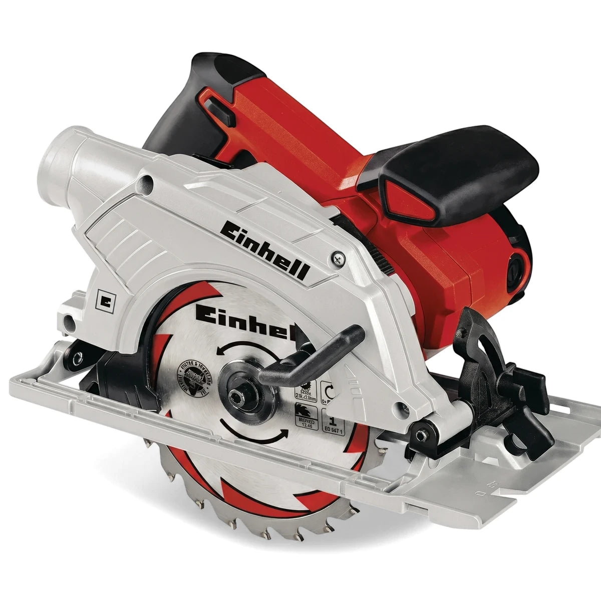 Einhell Te-Cs 165 Handheld Circular Saw in red and silver, shown from an angled view, highlighting its blade and ergonomic