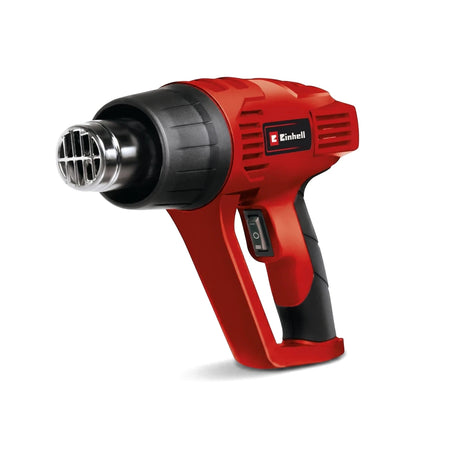 Red and black Einhell Th-Ha 2000/1 hot air gun (heat gun) with silver nozzle and black power switch, shown angled.