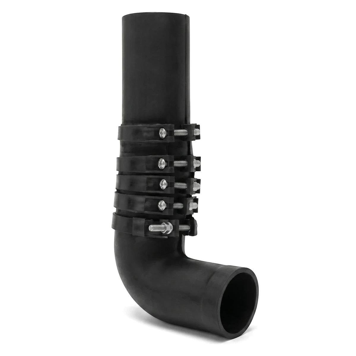 Black 40mm x 300mm elbow trap pipe with four metal clamps on a white background, studio shot.