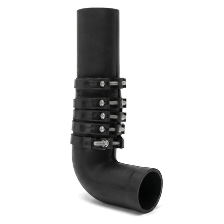 Black 40mm x 300mm elbow trap pipe with four metal clamps on a white background, studio shot.