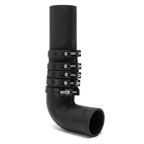 Black 40mm x 300mm elbow trap pipe with four metal clamps on a white background, studio shot.