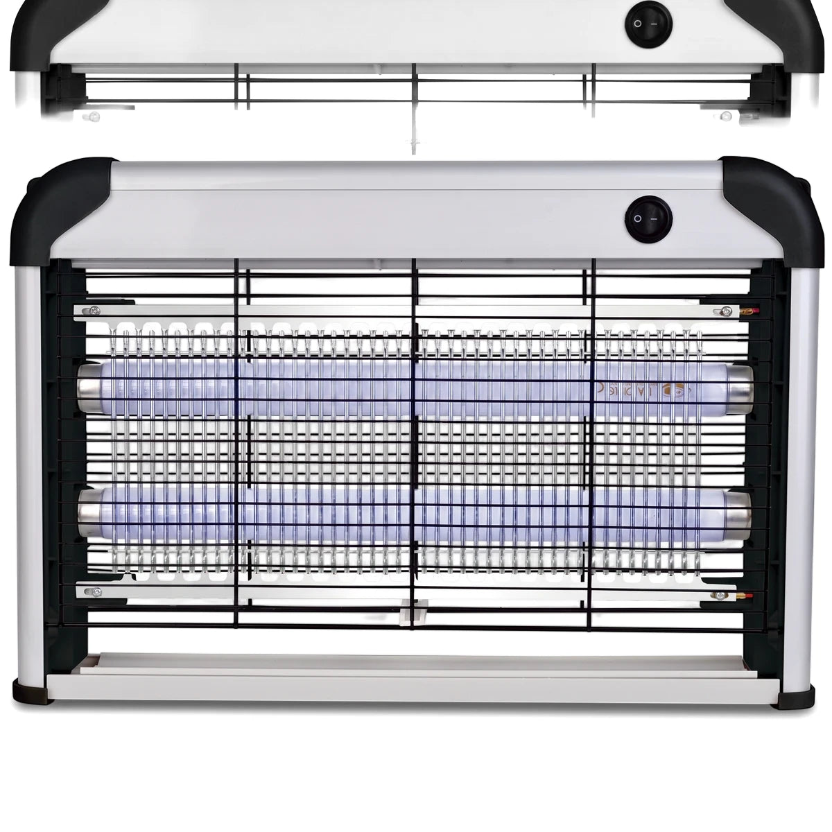 Electric aluminium mosquito killer UVA bug zapper lamp with two blue tubes, featuring a silver frame and black grid, front
