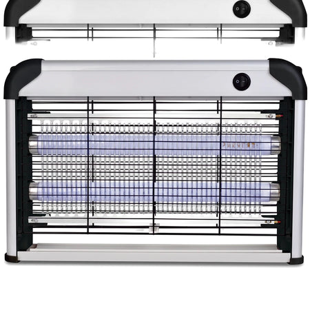 Electric aluminium mosquito killer UVA bug zapper lamp with two blue tubes, featuring a silver frame and black grid, front