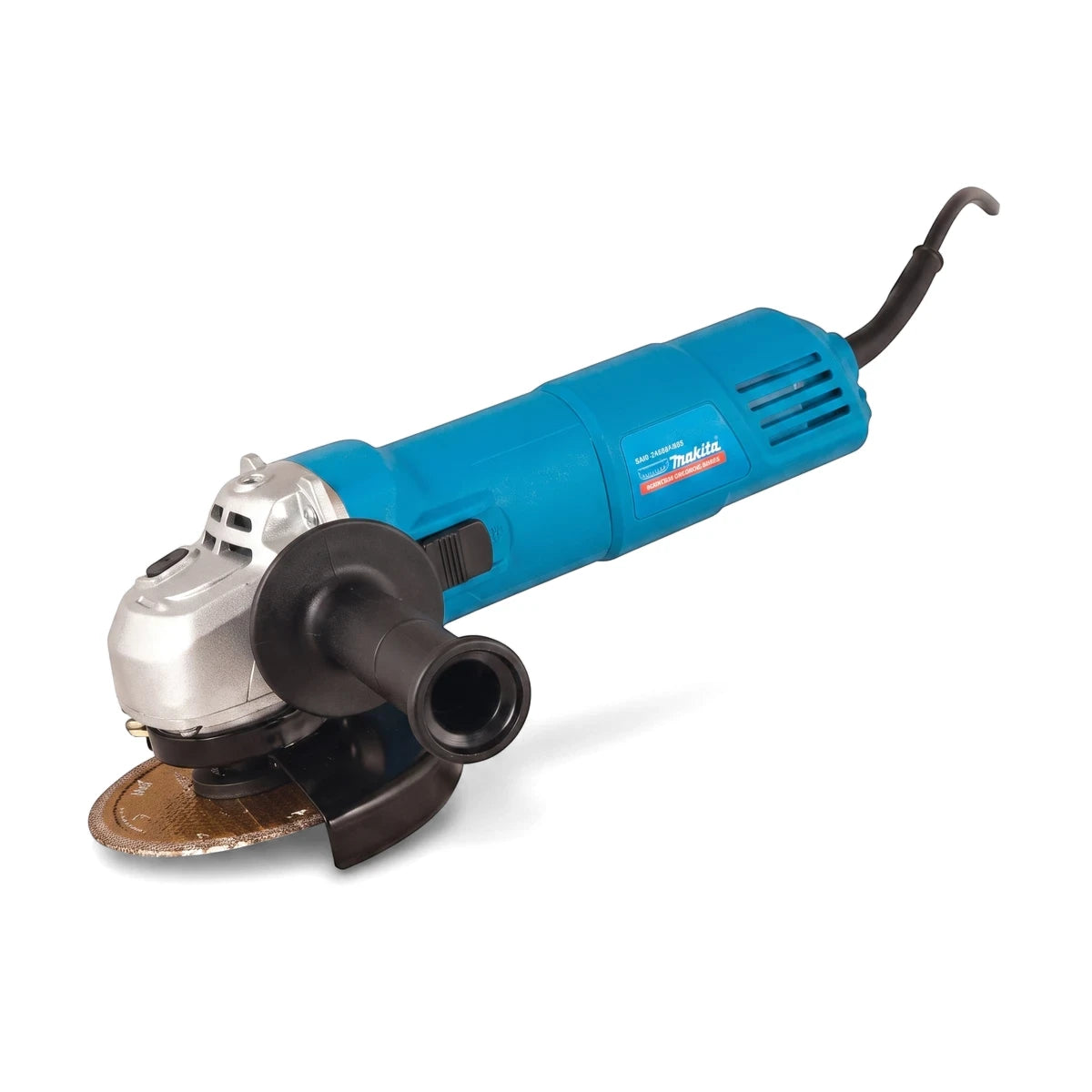 Blue and silver 950W electric angle grinder with a black handle and a 115mm brown grinding disc, viewed from the front-right.