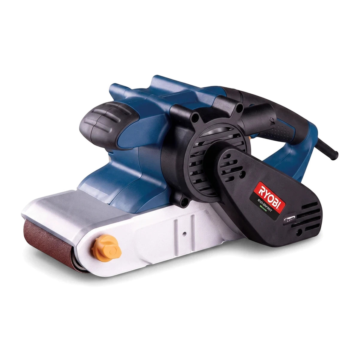 Blue and white 1200W Electric Belt Sander, 610x100mm, with black accents and red RYOBI logo, shown in an angled studio shot.
