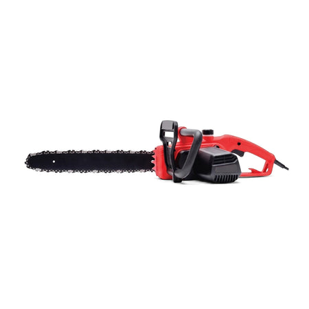 Red and black Electric Chainsaw 2000W - 220V power tool, shown in a side view on a white background, ready for heavy-duty