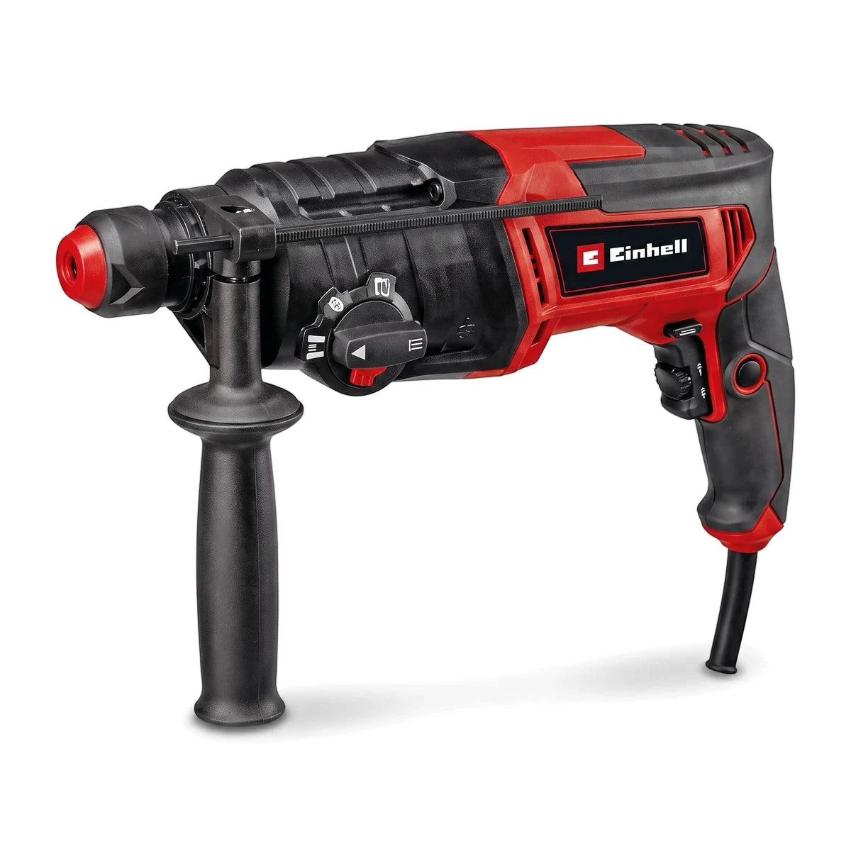 Red and black Einhell Electric Rotary Hammer Drill 800W, shown from a side view, featuring its auxiliary handle and power