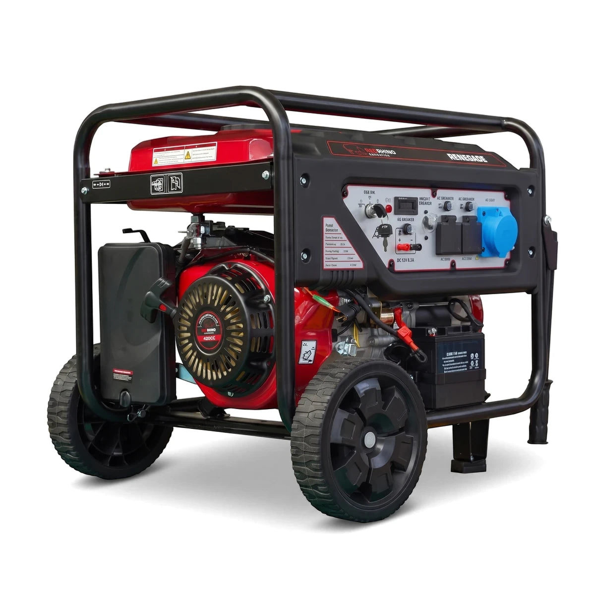 Red and black 5Kw Electric Start Petrol Generator with a sturdy metal frame and control panel, viewed from a slight angle.