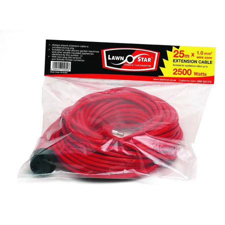 Red 25-meter electrical extension cord set, 1.0mm wire core, 2500W, packaged in clear plastic.