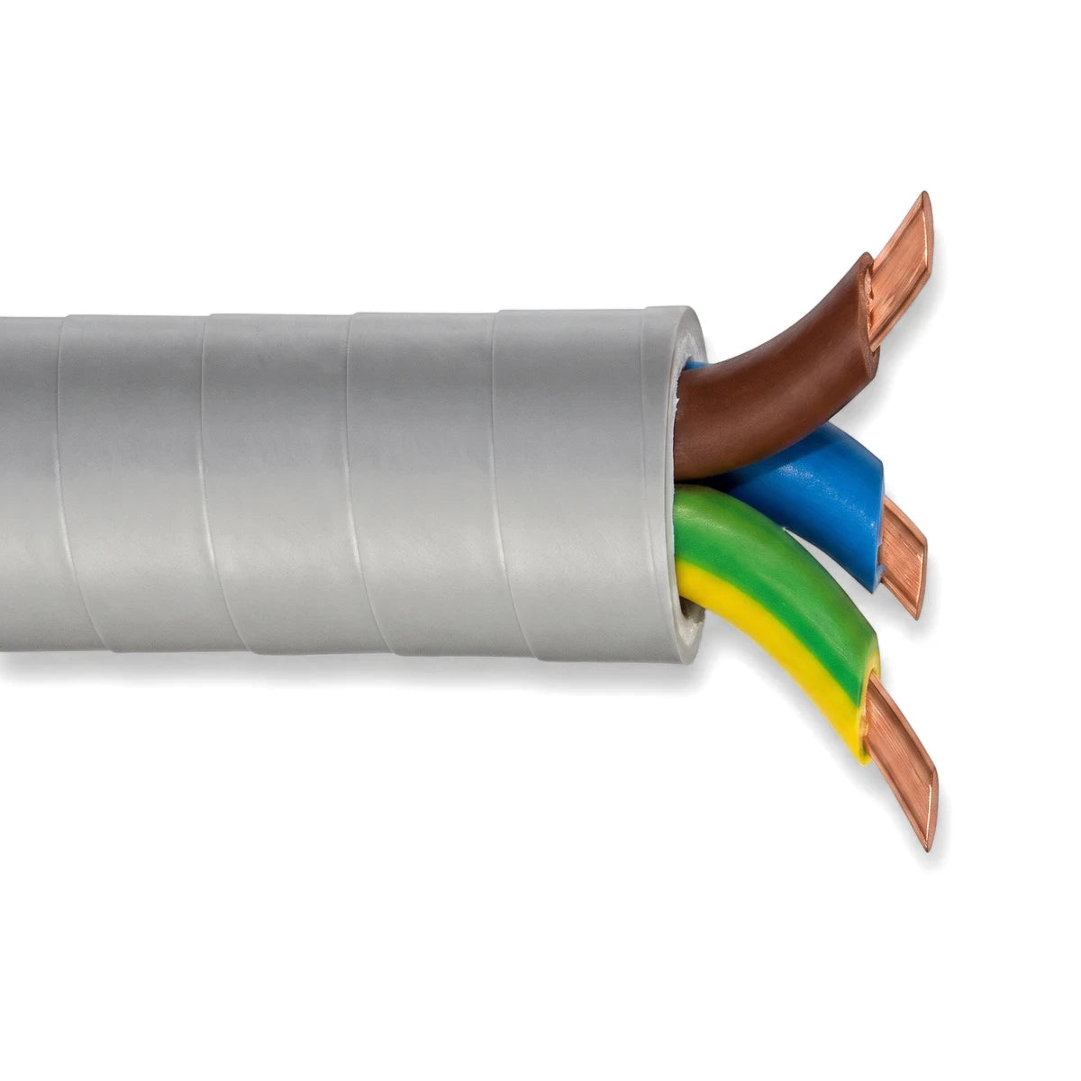 Electrical multi-core cable with a grey outer sheath and exposed brown, blue, green, and yellow insulated wires with copper