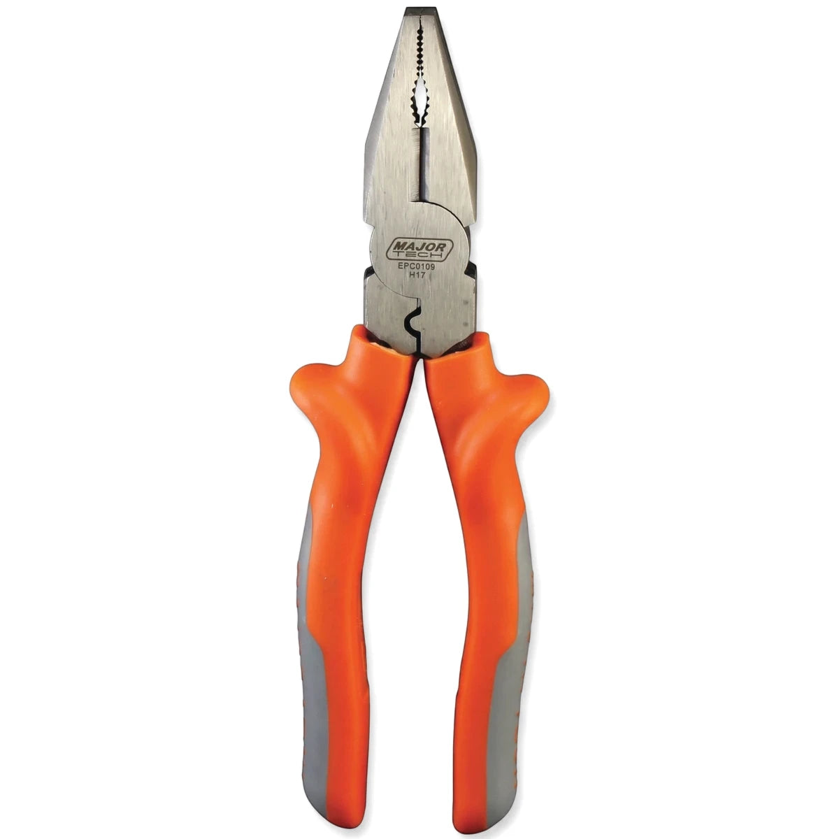 Close-up view of electricians pliers featuring durable metallic jaws and ergonomic orange and gray insulated handles.